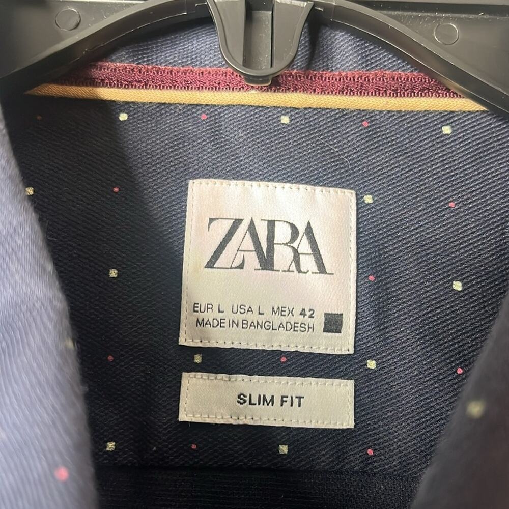 Zara Men’s Slim Fit Navy Polka Dot Button Up Dress Shirt Large - Picture 2 of 4